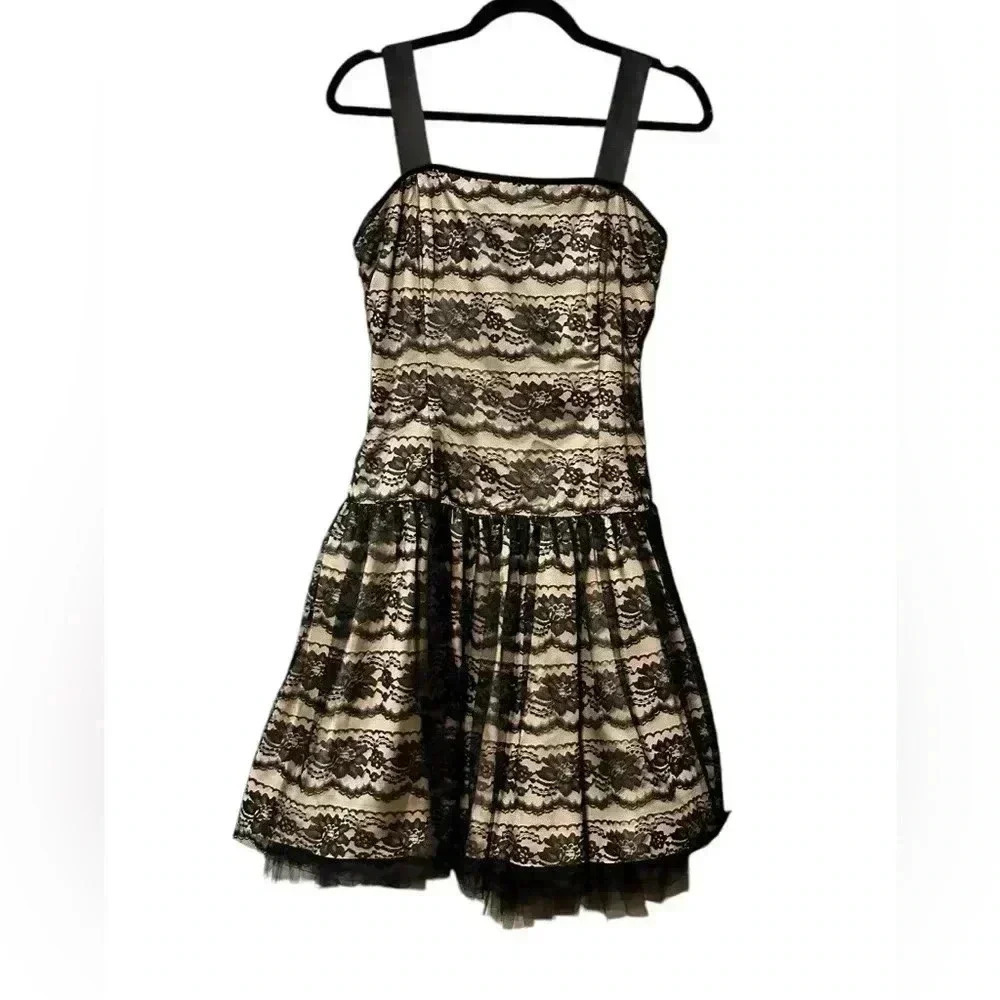 Gunne Sax by Jessica McClintock Black Tan Lace Satin Dress Size 13/14